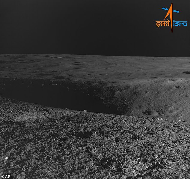 This image from the Indian Space Research Organization shows a crater encountered by Chandrayaan-3 as seen by the navigation camera