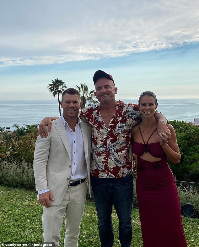 It was an intimate affair, with just 60 people attending the ceremony held at the home of Tish's megastar daughter Miley in Malibu.  The small guest list included Australian cricketer David Warner and his wife Candice (both pictured with Dominic)