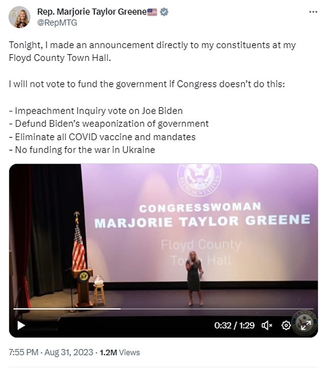 Rep. Marjorie Taylor Greene on Thursday laid out her demands to help prevent a government shutdown, including launching an impeachment inquiry against President Joe Biden