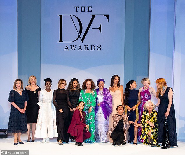 Here come the girls: Nancy Pelosi, Francine Lacqua, Joy Buolamwini, Lilly Singh, Diane von Furstenberg, Amina Mohammed, Amal, Maria Ressa, Alyse Nelson and Emma posed for photos