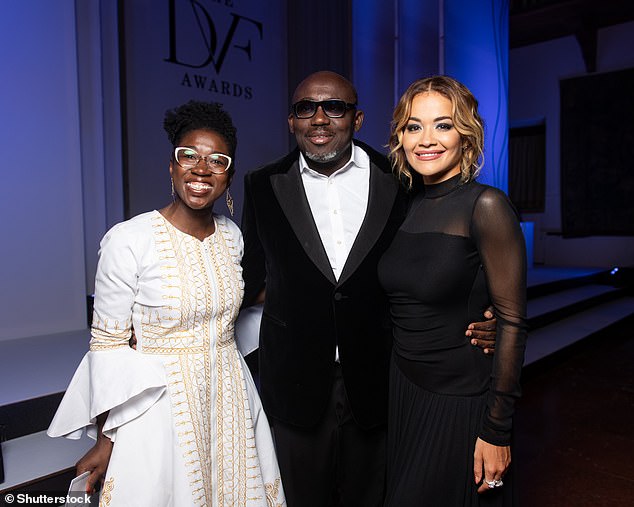 Great threesome: Rita looked cheerful as she walked around with Joy Buolamwini and Edward Enninful