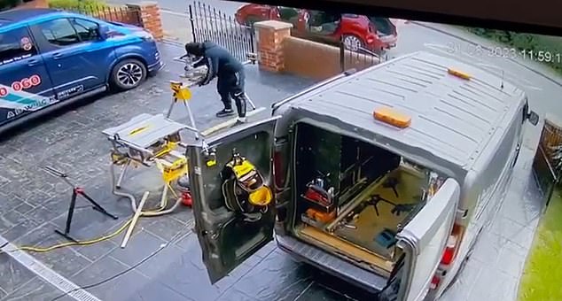 They are then seen rummaging through a van and trying to retrieve equipment from the driveway.