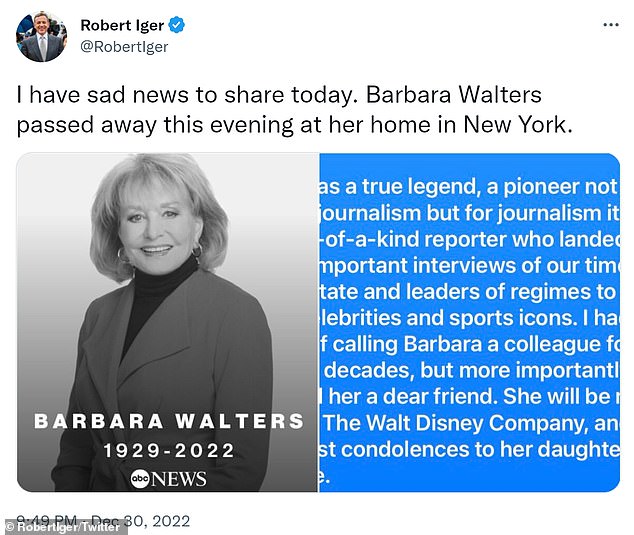 Sad: Walters passed away peacefully surrounded by loved ones at her New York home, according to Bob Iger, the CEO of The Walt Disney Company, the parent company of ABC News, her former employer