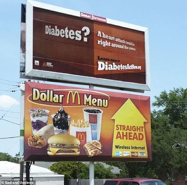 Conflict of interest!  Somewhere in the US, this ad advises you to leave McDonald's and go straight to diabetes