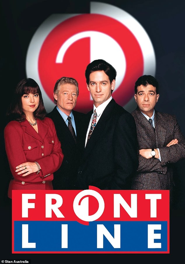 The Frontline cast included Jane Kennedy as aspiring young reporter Brooke Vandenberg (left), Rob Sitch as host Mike Moore (center), and Tiriel Mora as door-to-door newscaster Martin Di Stasio (right).  Kevin J. Wilson appeared as executive producer Sam Murphy in series two