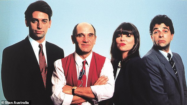 Frontline ran from 1994 to 1997 and is now available to stream on Stan.  From left to right are Rob Sitch, Bruno Lawrence, Jane Kennedy and Tiriel Mora