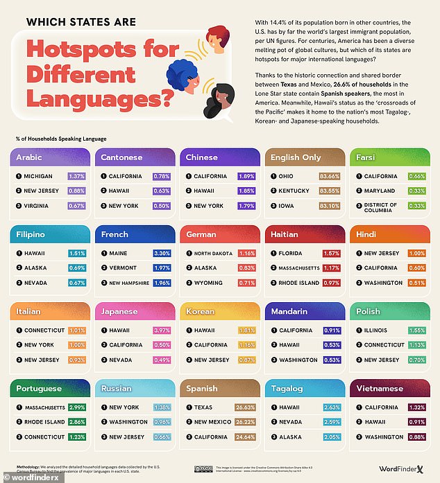 Next to English and Spanish, German is the most widely spoken in thirteen states — which is more than any other language, according to data from the US Census Bureau.  It is followed by French, Chinese, Portuguese and Arabic