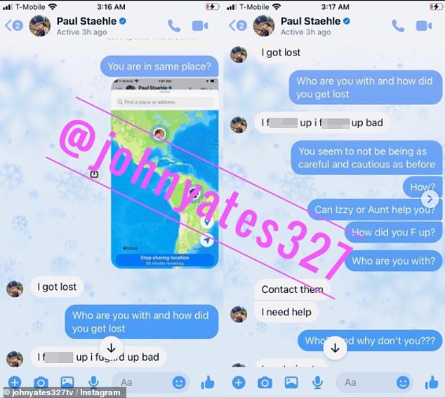 Famed blogger John Yates posted chilling screenshots of alleged messages Paul sent to his mother just before he apparently went missing