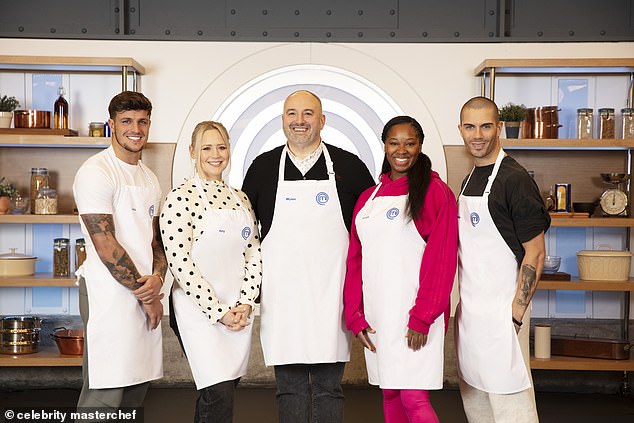 In it to win it: The final five for Celebrity MasterChef 20203 have been confirmed as (LR) Luca Bish, Amy Walsh, Wynne Evans, Jamelia and Max George