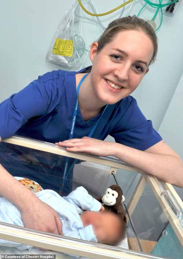 It comes as a chilling photo has emerged of the murderous nurse comforting a newborn as she poses as a poster girl for the Countess of Chester Hospital (pictured)