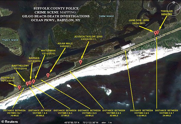 A map showing where the victims' remains were located along the barren stretch of Ocean Beach Parkway in Gilgo Beach, located on the south coast of Long Island