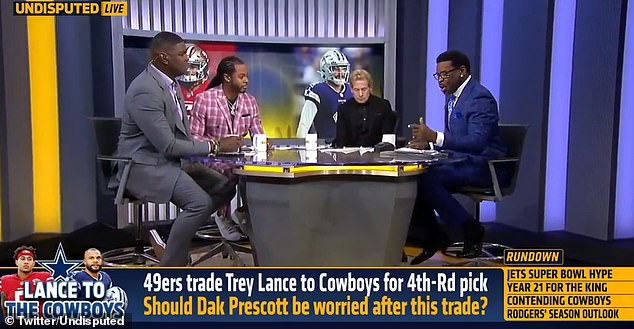 (L-R) Keyshawn Johnson, Richard Sherman and Michael Irvin joined Bayless on the FS1 show