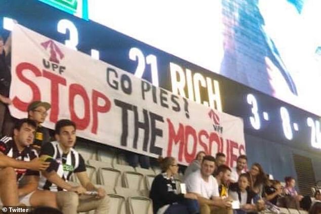 This sign was soon removed after being displayed during a match between Collingwood and Richmond in 2016