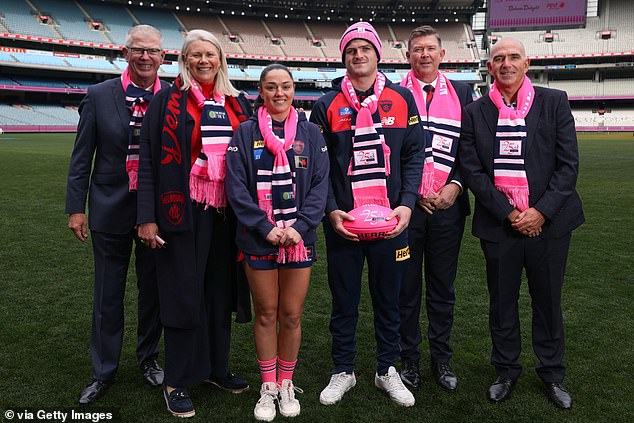 MCC President Fred Oldfield, pictured left with Melbourne FC President Kate Roffey, players Sinead Goldrick and Angus Brayshaw and CEO Gary Pert along with the MCC's Stuart Fox