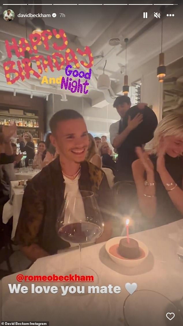 Birthday girl: The footballer, 21, was treated to a meal by his parents David and Victoria with his siblings Cruz, 18, and Harper, 12, also in attendance along with his girlfriend Mia Regan (pictured)