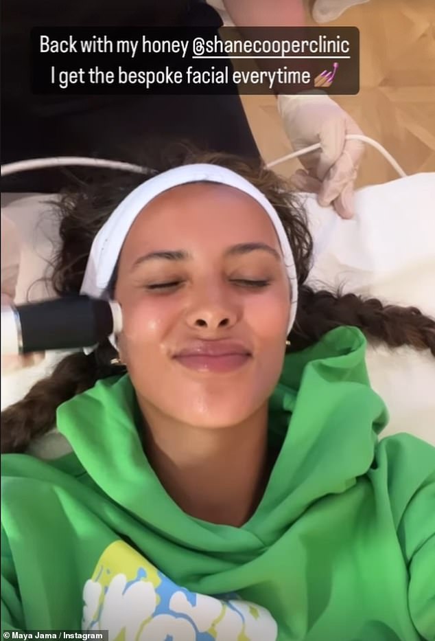 Pampering: The Love Island host then donned a bright green hoodie and pulled her hair back from her face as she went to a clinic