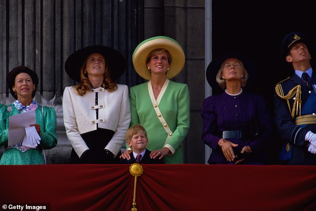 Sarah, left, and Diana join the royal family on the balcony of Buckingham Palace to view the fly-past commemorating the 50th anniversary of the 1990 Battle of Britain. Diana holds Harry.  Princess Margaret is on the far left