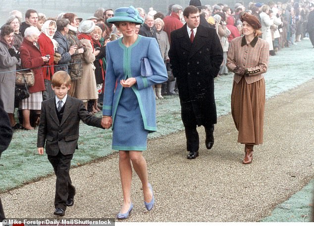 Diana, in the foreground, and Harry walk to church in Sandringham on Christmas Day, followed by Sarah and Prince Andrew