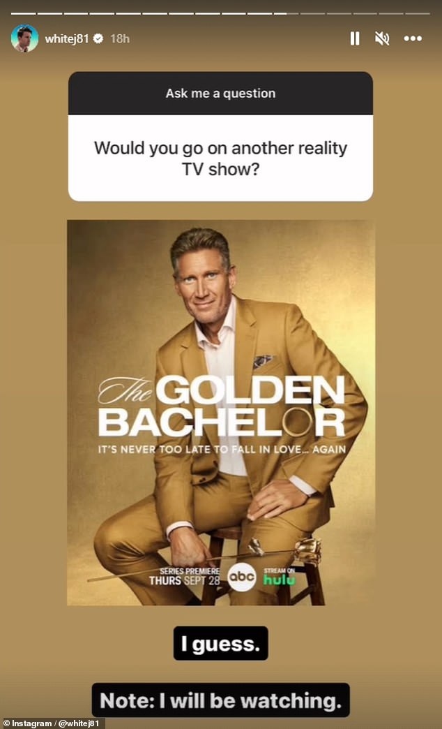 A fan asked Josh if he would consider doing reality television again.  Sharing a promotional photo for The Golden Bachelor, which airs later this month, Josh wrote, “I think so.  Note: I'll watch.'