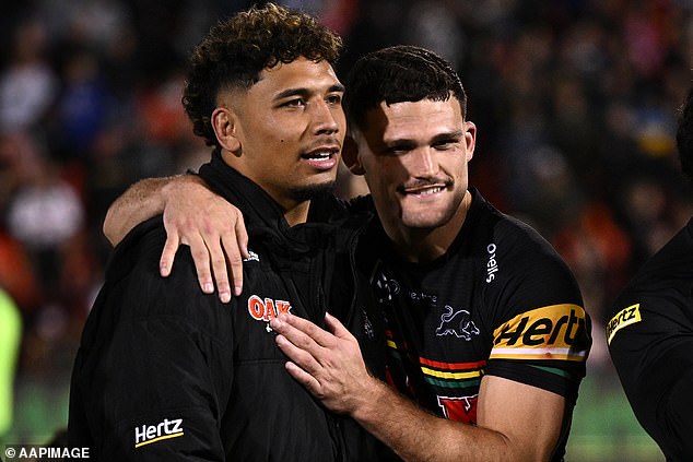 Nathan Cleary (right) celebrates with Izack Tago (left) after the whistle