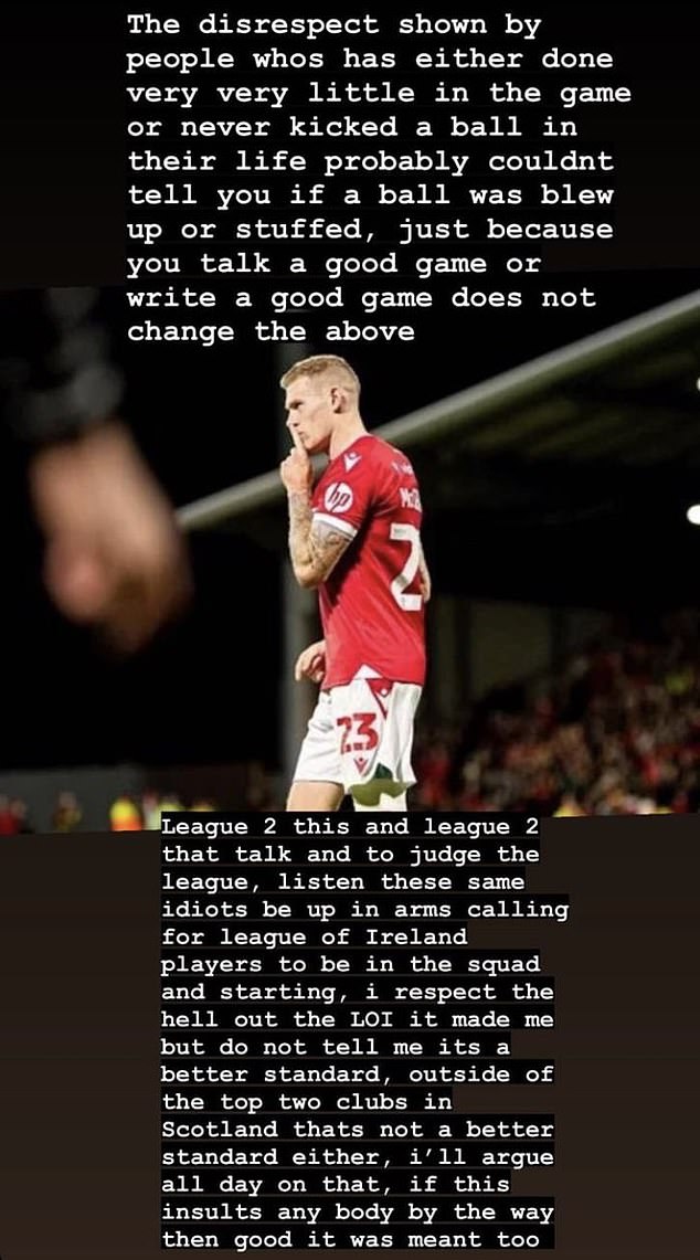 The message McClean posted on his social media feed decrying the criticism of League Two