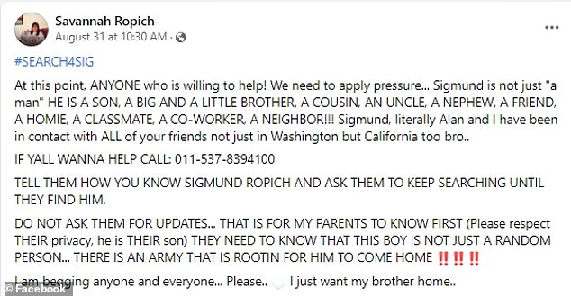 His sister Savannah shared a heartbreaking update on her brother's disappearance, calling on people to help with the search, saying, 'I just want my brother home'