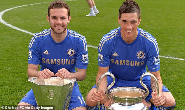 Chelsea's Fernando Torres (right) and Juan Mata (left) pose with the 2012 and 2013 Champions League and Europa League trophy as they celebrate with the West London club