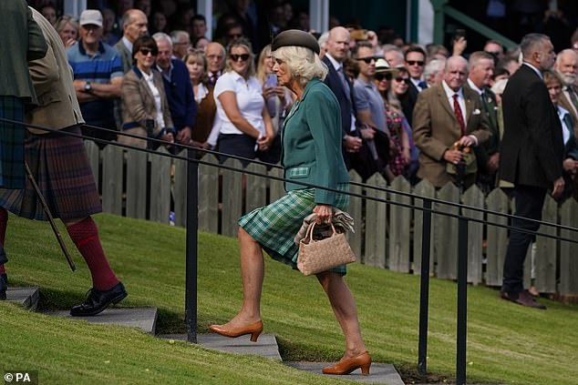 Queen Camilla arrives at the Braemar Gathering highland games held a short distance from the royal family's summer residence at the Balmoral estate