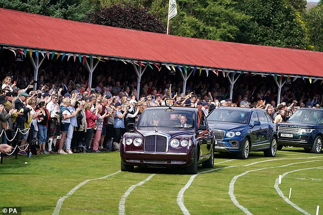 King Charles III, Queen Camilla, the Princess Royal and Vice Admiral Sir Tim Laurence arrive at the Braemar Gathering Highland Games, held a short distance from the royal family's summer home at the Balmoral estate in Aberdeenshire