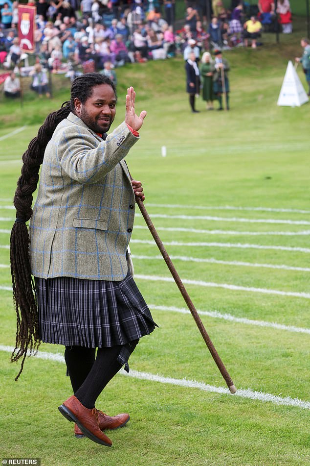 Hamza Yassin gestures during the Braemar Royal Highland Gathering at the Princess Royal and Duke of Fife Memorial Park in Braemar