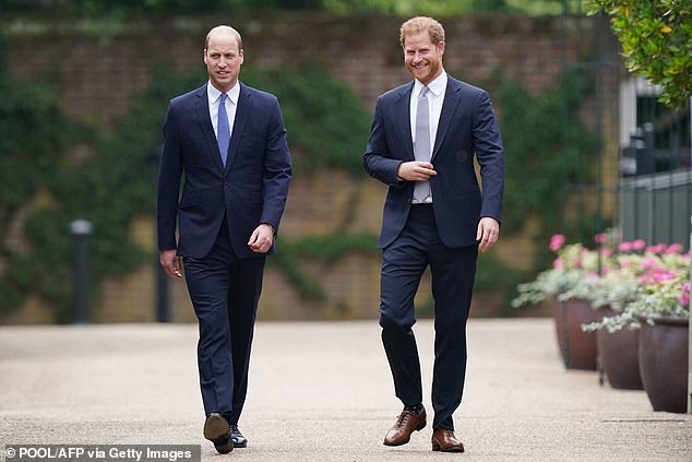 Princes William (left) and Harry (right) are pictured at the unveiling of a statue of their mother, Princess Diana, in The Sunken Garden at Kensington Palace in July 2021