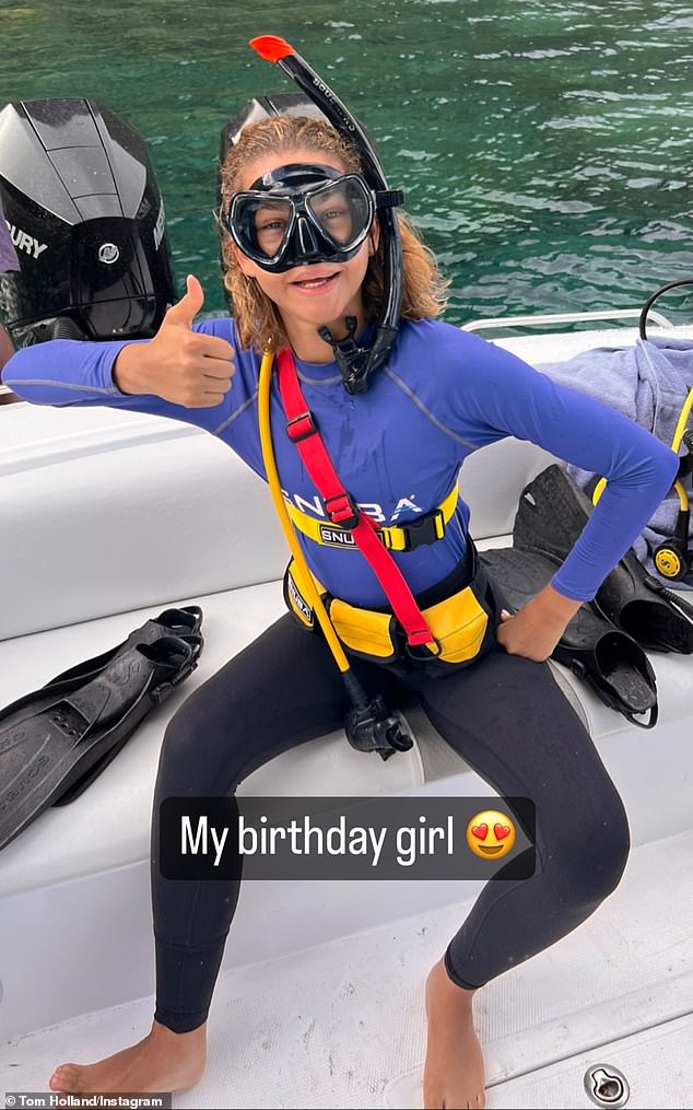 Cute: Zendaya's boyfriend, Tom Holland, wished her a happy birthday on Instagram by sharing a photo of her wearing a scuba mask and a snorkel on her face