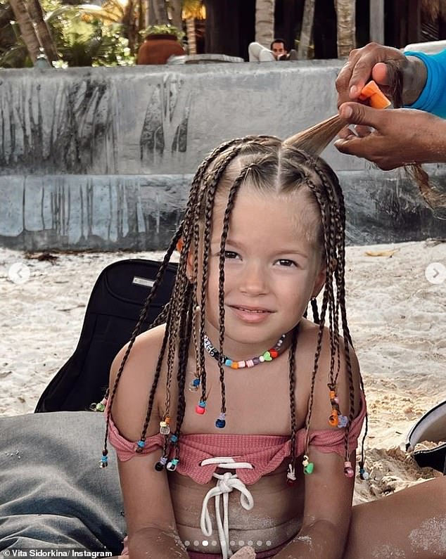 Like mother, like daughter: Vita also shared some sweet snaps of her four-year-old daughter Allegra getting her hair braided while they were away