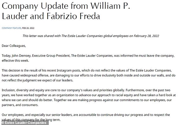 He was first suspended without pay by Estée Lauder CEO Fabrizio Freda and chairman William Lauder, but he was soon fired from his $10 million a year job.