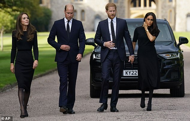 Days after Queen Elizabeth II's death, the two couples got together for a walk around Windsor (photo L-R: Kate, The Princess of Wales, Prince William, Prince of Wales, Prince Harry and Meghan, Duchess of Sussex)