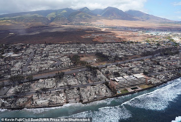 An aerial view shows the magnitude of the destruction caused by the wildfires in Hawaii