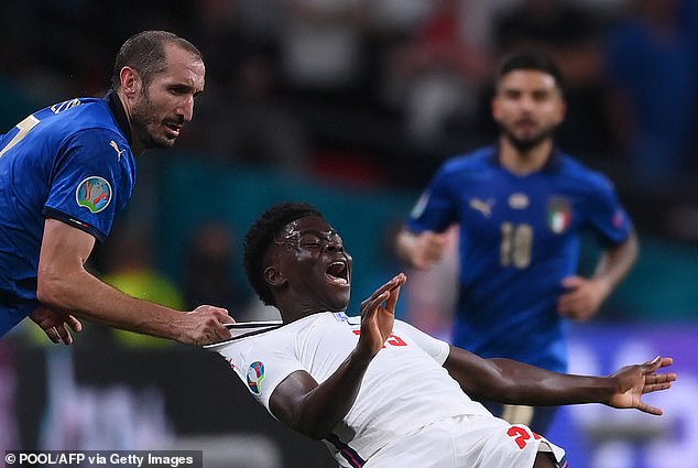 Chiellini yanked Saka to the ground as he attempted to launch a counter-attack on Wembley