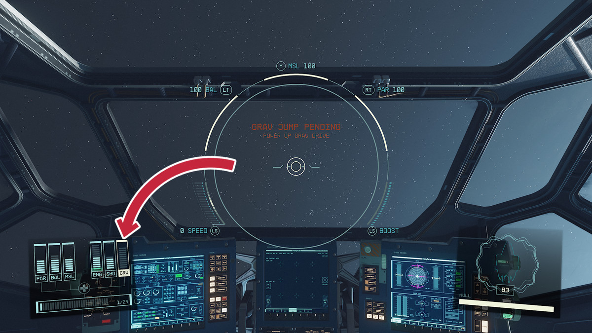 Starfield Grav jump pending warning with an arrow pointing to disabled Grav drive.