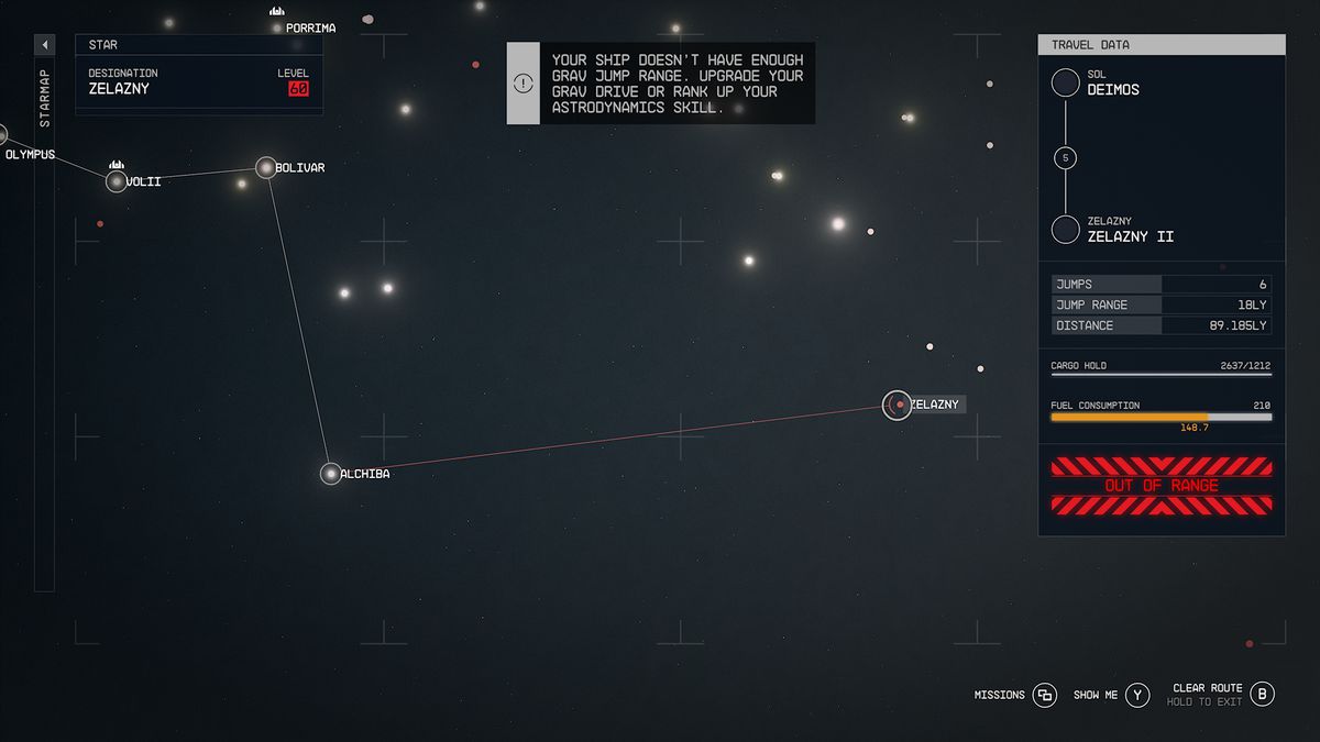 Starfield Starmap with an 'Out of Range' warning.