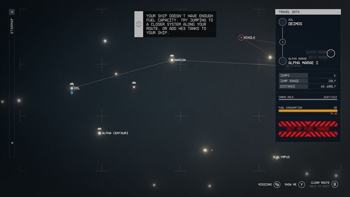 Starfield Starmap with an 'Out of fuel range' warning.