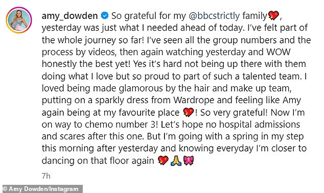 Message: 'So grateful to my @bbcstrictly family, yesterday was just what I needed for today.  I've felt like I've been part of the whole journey so far!'