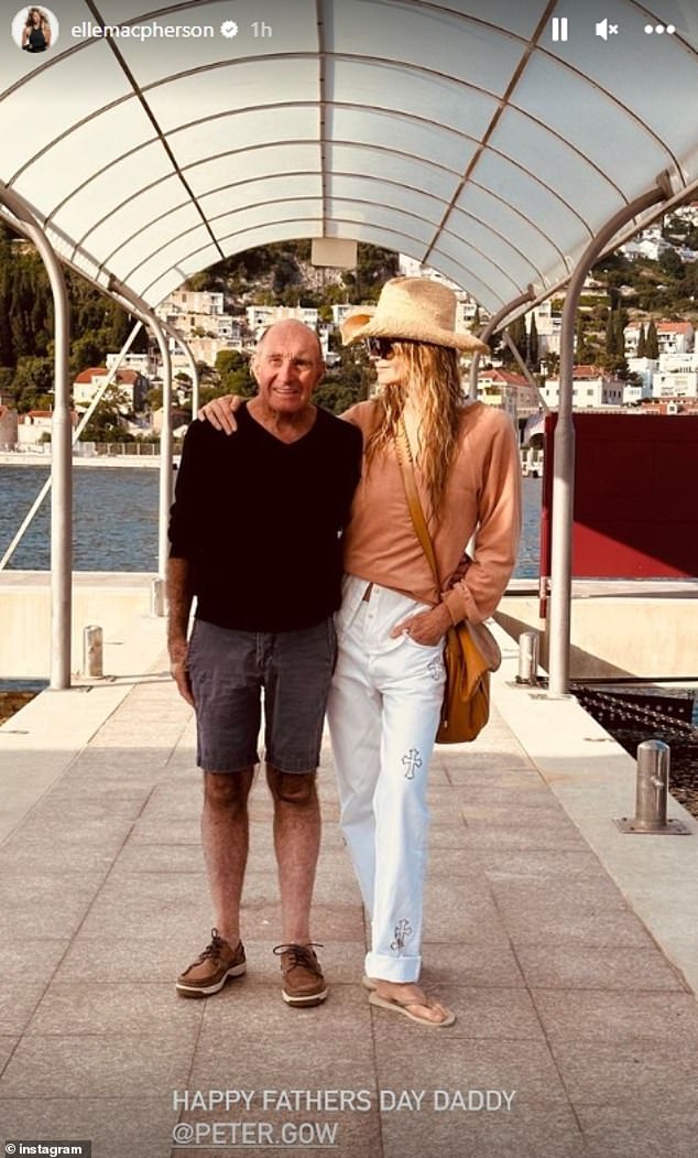 Meanwhile, supermodel Elle Macpherson, 59, marked the occasion by sharing a heartwarming photo of her giving her dad Peter a huge hug at a lakeside resort.  Both pictured