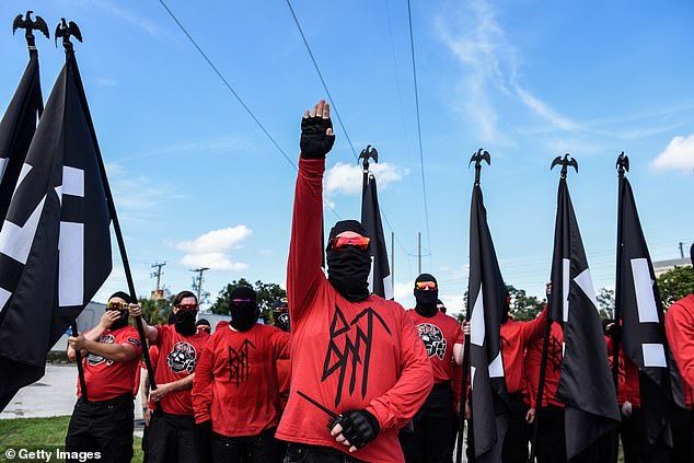 Videos on social media showed the groups – known as “Blood Tribe” and “The Goyim Defense League” – marching through Cranes Roost Park in Altamonte Spring.