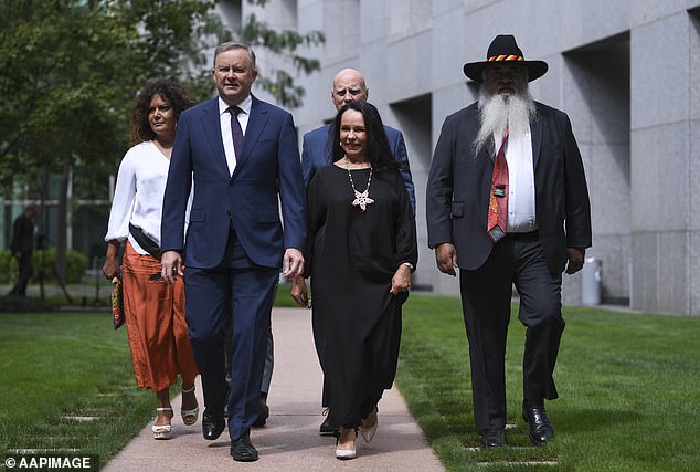 Support for both Mr Albanese (pictured with Malarndirri McCarthy, Warren Snowdon, Linda Burney and Senator Pat Dodson) and the Indigenous Voice to Parliament is waning