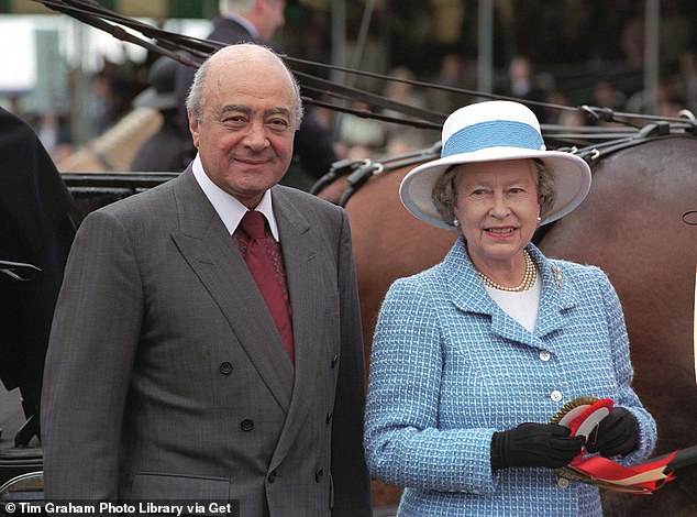 Mohamed Al Fayed with the Queen in 1997. Through his business connections and charity work, he mingled with high society