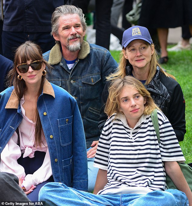 Star-studded: Johnson was spotted hanging out with some of the cast and crew of the new movie Wildcat, which was co-written and directed by actor Ethan Hawke