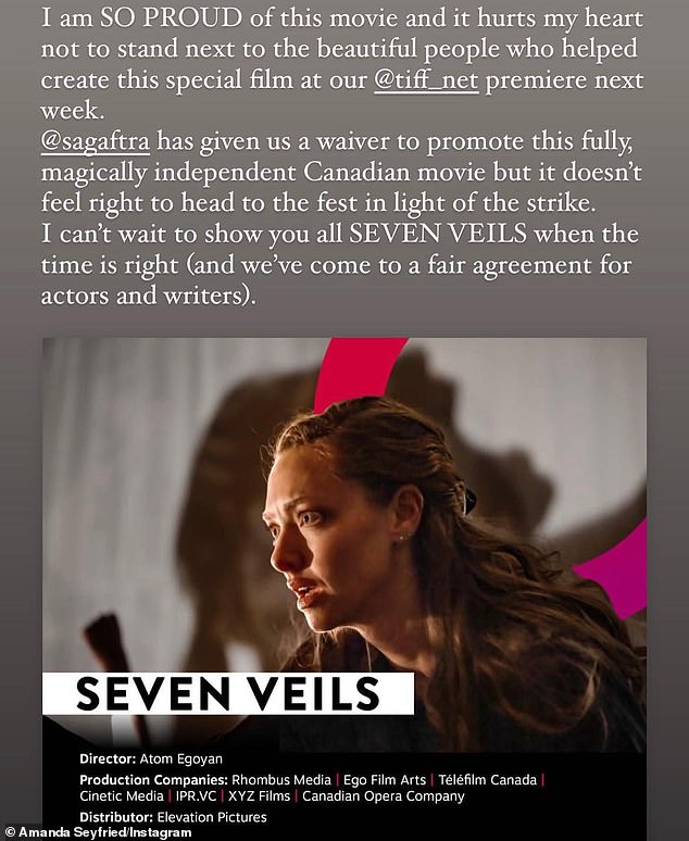 Missed Opportunity: Seyfried started by writing that she would have loved to promote Seven Veils as originally planned