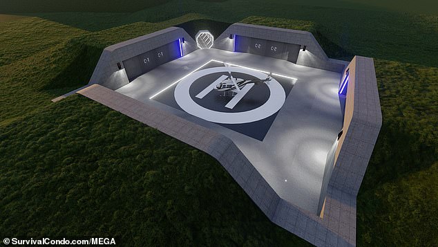 Pictured is a helipad on top of the megastructure.  It is designed for the super rich and millionaires to escape the end of the world