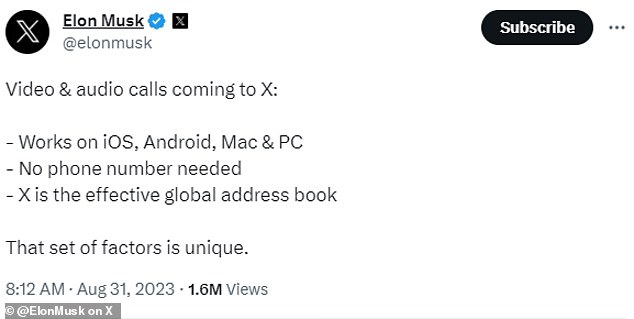 Audio and video calling will soon be available on the new X as Elon Musk aims to make his platform the go-to 'global address book'