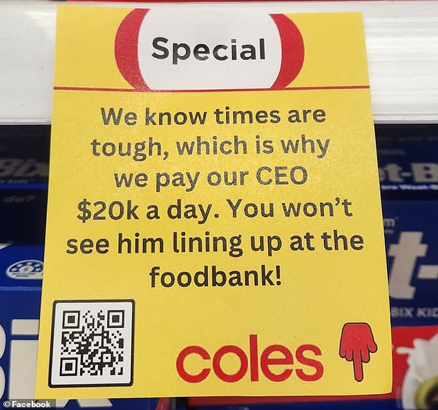 Another bogus message (pictured) claimed Coles' CEO gets $20,000 a day